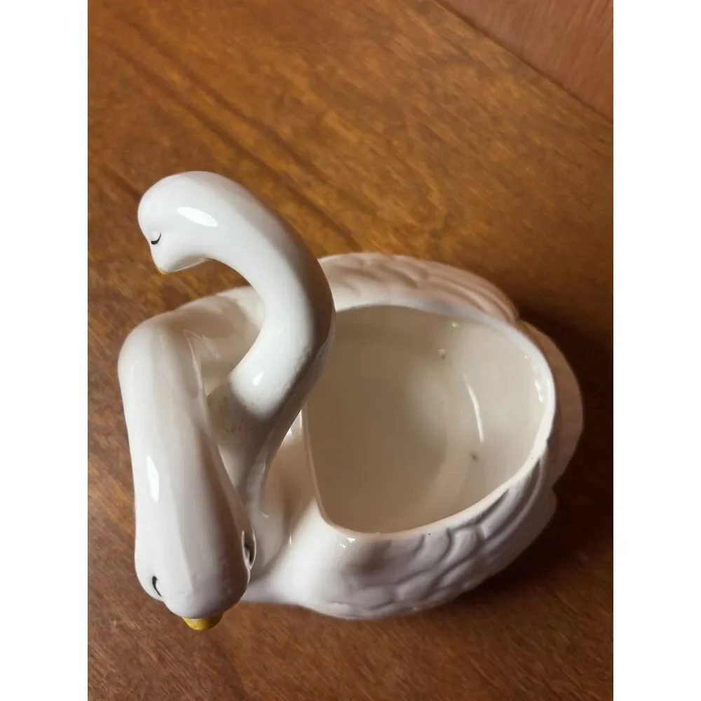 Vintage White Ceramic Double Swan Lovebird Dish Planter Intertwined Necks